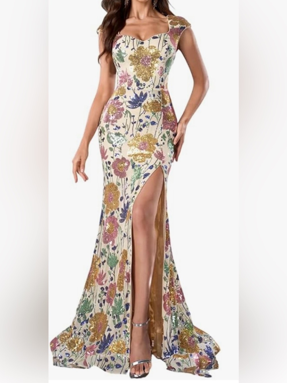 Sequin Floral Gown with High Thigh Slit - Cream Multi